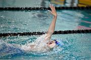 6 July 2025; Kristian Sun Jakobsen from Douglas, Cork, on his way to winning the Boys U12 50m Backstroke Final during day two of the Cairn Community Games National Swimming, Quiz, Chess, Draughts and Gymnastics Finals 2025 at The Watershed in Kilkenny. Photo by Sam Barnes/Sportsfile