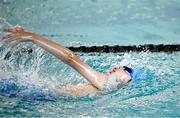 6 July 2025; Kristian Sun Jakobsen from Douglas, Cork, on his way to winning the Boys U12 50m Backstroke Final during day two of the Cairn Community Games National Swimming, Quiz, Chess, Draughts and Gymnastics Finals 2025 at The Watershed in Kilkenny. Photo by Sam Barnes/Sportsfile