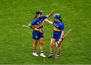6 July 2025; Grace O'Brien, left, and Jean Kelly of Tipperary celebrate after the Glen Dimplex Senior All-Ireland Camogie Championship quarter-final match between Kilkenny and Tipperary at Croke Park in Dublin. Photo by Daire Brennan/Sportsfile