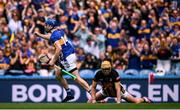 6 July 2025; John McGrath of Tipperary celebrates after scoring his side's first goal during the GAA Hurling All-Ireland Senior Championship semi-final match between Kilkenny and Tipperary at Croke Park in Dublin. Photo by Ramsey Cardy/Sportsfile