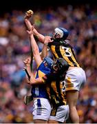 6 July 2025; Huw Lawlor of Kilkenny climbs above teammate Mikey Butler and Jason Forde of Tipperary during the GAA Hurling All-Ireland Senior Championship semi-final match between Kilkenny and Tipperary at Croke Park in Dublin. Photo by Ramsey Cardy/Sportsfile
