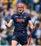 6 July 2025; Tipperary goalkeeper Rhys Shelly celebrates after his side's third goal during the GAA Hurling All-Ireland Senior Championship semi-final match between Kilkenny and Tipperary at Croke Park in Dublin. Photo by David Fitzgerald/Sportsfile
