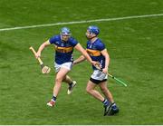 6 July 2025; Jason Forde, left, celebrates with John McGrath of Tipperary after scoring his side's third goal during the GAA Hurling All-Ireland Senior Championship semi-final match between Kilkenny and Tipperary at Croke Park in Dublin. Photo by Daire Brennan/Sportsfile