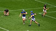 6 July 2025; Jason Forde, left, celebrates with John McGrath of Tipperary after scoring his side's third goal during the GAA Hurling All-Ireland Senior Championship semi-final match between Kilkenny and Tipperary at Croke Park in Dublin. Photo by Daire Brennan/Sportsfile