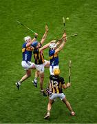 6 July 2025; John Donnelly of Kilkenny in action against Eoghan Connolly, left, and Craig Morgan of Tipperary during the GAA Hurling All-Ireland Senior Championship semi-final match between Kilkenny and Tipperary at Croke Park in Dublin. Photo by Daire Brennan/Sportsfile
