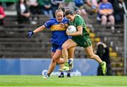 6 July 2025; Niamh Gallogly of Meath in action against Nicole Shelly of Tipperary during the TG4 All-Ireland Ladies Football Senior Championship quarter-final match between Meath and Tipperary at Páirc Tailteann in Navan, Meath. Photo by Stephen Marken/Sportsfile
