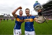 6 July 2025; Bryan O'Mara, left, and John McGrath of Tipperary celebrate after the GAA Hurling All-Ireland Senior Championship semi-final match between Kilkenny and Tipperary at Croke Park in Dublin. Photo by Ramsey Cardy/Sportsfile