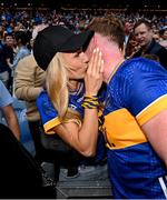 6 July 2025; Michael Breen of Tipperary celebrates with his girlfriend, Irish Olympian, Sharlene Mawdsley after the GAA Hurling All-Ireland Senior Championship semi-final match between Kilkenny and Tipperary at Croke Park in Dublin. Photo by David Fitzgerald/Sportsfile