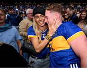 6 July 2025; Michael Breen of Tipperary celebrates with his girlfriend, Irish Olympian, Sharlene Mawdsley after the GAA Hurling All-Ireland Senior Championship semi-final match between Kilkenny and Tipperary at Croke Park in Dublin. Photo by David Fitzgerald/Sportsfile