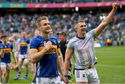 6 July 2025; John McGrath, left, and Ronan Maher of Tipperary celebrate after the GAA Hurling All-Ireland Senior Championship semi-final match between Kilkenny and Tipperary at Croke Park in Dublin. Photo by Ramsey Cardy/Sportsfile