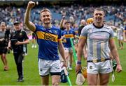 6 July 2025; John McGrath, left, and Ronan Maher of Tipperary celebrate after the GAA Hurling All-Ireland Senior Championship semi-final match between Kilkenny and Tipperary at Croke Park in Dublin. Photo by Ramsey Cardy/Sportsfile