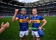 6 July 2025; Noel, left, and John McGrath of Tipperary celebrate after the GAA Hurling All-Ireland Senior Championship semi-final match between Kilkenny and Tipperary at Croke Park in Dublin. Photo by David Fitzgerald/Sportsfile