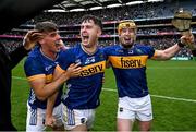 6 July 2025; Tipperary players, from left, Johnny Ryan, Conor Stakelum and Jake Morris celebrate after the GAA Hurling All-Ireland Senior Championship semi-final match between Kilkenny and Tipperary at Croke Park in Dublin. Photo by David Fitzgerald/Sportsfile