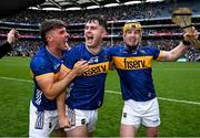 6 July 2025; Tipperary players, from left, Johnny Ryan, Conor Stakelum and Jake Morris celebrate after the GAA Hurling All-Ireland Senior Championship semi-final match between Kilkenny and Tipperary at Croke Park in Dublin. Photo by David Fitzgerald/Sportsfile
