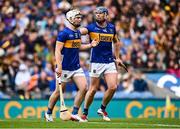 6 July 2025; Darragh McCarthy of Tipperary, left, is consoled by team-mate Jason Forde as he leaves the pitch after he was sent off by referee James Owens during the GAA Hurling All-Ireland Senior Championship semi-final match between Kilkenny and Tipperary at Croke Park in Dublin. Photo by Piaras Ó Mídheach/Sportsfile