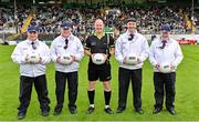 6 July 2025; Referee Shane Curley and his umpires before during the TG4 All-Ireland Ladies Football Senior Championship quarter-final match between Meath and Tipperary at Páirc Tailteann in Navan, Meath. Photo by Stephen Marken/Sportsfile