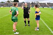 6 July 2025; Referee Shane Curley and team captains Aoibhín Cleary of Meath and Lauren Fitzpatrick of Tipperary before the TG4 All-Ireland Ladies Football Senior Championship quarter-final match between Meath and Tipperary at Páirc Tailteann in Navan, Meath. Photo by Stephen Marken/Sportsfile