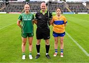 6 July 2025; Referee Shane Curley and team captains Aoibhín Cleary of Meath and Lauren Fitzpatrick of Tipperary before the TG4 All-Ireland Ladies Football Senior Championship quarter-final match between Meath and Tipperary at Páirc Tailteann in Navan, Meath. Photo by Stephen Marken/Sportsfile