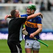 6 July 2025; Noel McGrath of Tipperary is congratulated by Shamie Butler, the Tipperary kitman, after the GAA Hurling All-Ireland Senior Championship semi-final match between Kilkenny and Tipperary at Croke Park in Dublin. Photo by Ray McManus/Sportsfile