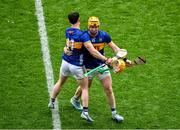 6 July 2025; Andrew Ormond, left, and Jake Morris of Tipperary celebrate after the GAA Hurling All-Ireland Senior Championship semi-final match between Kilkenny and Tipperary at Croke Park in Dublin. Photo by Daire Brennan/Sportsfile
