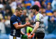 6 July 2025; Kilkenny goalkeeper Eoin Murphy is consoled by Michael Rice after the GAA Hurling All-Ireland Senior Championship semi-final match between Kilkenny and Tipperary at Croke Park in Dublin. Photo by Ray McManus/Sportsfile