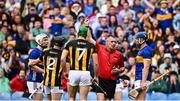 6 July 2025; Referee James Owens shows the red card to Darragh McCarthy of Tipperary, left, during the GAA Hurling All-Ireland Senior Championship semi-final match between Kilkenny and Tipperary at Croke Park in Dublin. Photo by Piaras Ó Mídheach/Sportsfile