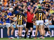 6 July 2025; Referee James Owens shows a red card to Darragh McCarthy of Tipperary during the GAA Hurling All-Ireland Senior Championship semi-final match between Kilkenny and Tipperary at Croke Park in Dublin. Photo by David Fitzgerald/Sportsfile