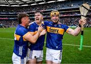 6 July 2025; Tipperary players, from left, Johnny Ryan, Conor Stakelum and Jake Morris celebrate after the GAA Hurling All-Ireland Senior Championship semi-final match between Kilkenny and Tipperary at Croke Park in Dublin. Photo by David Fitzgerald/Sportsfile