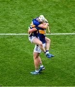 6 July 2025; Oisín O'Donoghue, left, and Eoghan Connolly of Tipperary celebrate after the GAA Hurling All-Ireland Senior Championship semi-final match between Kilkenny and Tipperary at Croke Park in Dublin. Photo by Daire Brennan/Sportsfile