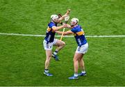 6 July 2025; Oisín O'Donoghue, left, and Eoghan Connolly of Tipperary celebrate after the GAA Hurling All-Ireland Senior Championship semi-final match between Kilkenny and Tipperary at Croke Park in Dublin. Photo by Daire Brennan/Sportsfile