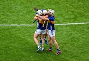 6 July 2025; Tipperary players, left to right, Eoghan Connolly, Oisín O'Donoghue, and Craig Morgan celebrate after the GAA Hurling All-Ireland Senior Championship semi-final match between Kilkenny and Tipperary at Croke Park in Dublin. Photo by Daire Brennan/Sportsfile