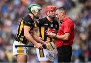 6 July 2025; Referee James Owens speaking with Paddy Deegan, left, and Adrian Mullen of Kilkenny during the GAA Hurling All-Ireland Senior Championship semi-final match between Kilkenny and Tipperary at Croke Park in Dublin. Photo by Piaras Ó Mídheach/Sportsfile