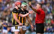 6 July 2025; Referee James Owens speaking with Adrian Mullen, left, and Paddy Deegan of Kilkenny during the GAA Hurling All-Ireland Senior Championship semi-final match between Kilkenny and Tipperary at Croke Park in Dublin. Photo by Piaras Ó Mídheach/Sportsfile
