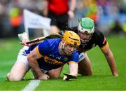 6 July 2025; Jake Morris of Tipperary is tackled by Paddy Deegan of Kilkenny during the GAA Hurling All-Ireland Senior Championship semi-final match between Kilkenny and Tipperary at Croke Park in Dublin. Photo by Ray McManus/Sportsfile