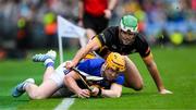 6 July 2025; Jake Morris of Tipperary is tackled by Paddy Deegan of Kilkenny during the GAA Hurling All-Ireland Senior Championship semi-final match between Kilkenny and Tipperary at Croke Park in Dublin. Photo by Ray McManus/Sportsfile