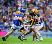 6 July 2025; Billy Ryan of Kilkenny is tackled by Conor Stakelum, John McGrath and Jake Morris of Tipperary during the GAA Hurling All-Ireland Senior Championship semi-final match between Kilkenny and Tipperary at Croke Park in Dublin. Photo by Ray McManus/Sportsfile