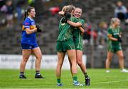 6 July 2025; Mary Kate Lynch, left, and Megan Thynne of Meath after their side's victory in the TG4 All-Ireland Ladies Football Senior Championship quarter-final match between Meath and Tipperary at Páirc Tailteann in Navan, Meath. Photo by Stephen Marken/Sportsfile