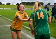6 July 2025;Meath goalkeeper Robyn Murray, left, and Vikki Wall share a joke after their side's victory in the TG4 All-Ireland Ladies Football Senior Championship quarter-final match between Meath and Tipperary at Páirc Tailteann in Navan, Meath. Photo by Stephen Marken/Sportsfile