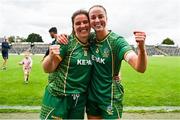 6 July 2025; Shauna Ennis, left, and Aoibhín Cleary of Meath after their side's victory in the TG4 All-Ireland Ladies Football Senior Championship quarter-final match between Meath and Tipperary at Páirc Tailteann in Navan, Meath. Photo by Stephen Marken/Sportsfile