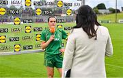 6 July 2025; Niamh Gallogly of Meath speaks to TG$ after the TG4 All-Ireland Ladies Football Senior Championship quarter-final match between Meath and Tipperary at Páirc Tailteann in Navan, Meath. Photo by Stephen Marken/Sportsfile