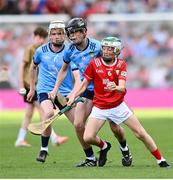 5 July 2025; Oisín Rice,Scoil Mhuire, Latton, Monaghan, representing Cork in action against Donnacha Devlin, St Peter’s N.S, Dromiskin, Louth, representing Dublin during the GAA INTO Cumann na mBunscol Respect Exhibition Go Games match at the GAA Hurling All-Ireland Senior Championship semi-final match between Cork and Dublin at Croke Park in Dublin. Photo by David Fitzgerald/Sportsfile
