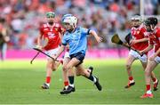 5 July 2025; Harry Doyle, The Downs N.S, The Downs, Westmeath, representing Dublin in action against Davin Finn, St Ciarán’s N.S, Moore, Roscommon, representing Cork during the GAA INTO Cumann na mBunscol Respect Exhibition Go Games match at the GAA Hurling All-Ireland Senior Championship semi-final match between Cork and Dublin at Croke Park in Dublin. Photo by David Fitzgerald/Sportsfile