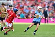 5 July 2025; Jack Carroll, Kildalkey N.S, Kildalkey, Meath, representing Dublin in action against Finnian O’Connor, Cliffoney N.S, Cliffoney, Sligo, representing Cork during the GAA INTO Cumann na mBunscol Respect Exhibition Go Games match at the GAA Hurling All-Ireland Senior Championship semi-final match between Cork and Dublin at Croke Park in Dublin. Photo by David Fitzgerald/Sportsfile