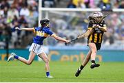 6 July 2025; Laura Fitzgerald, St Colman's NS, Clara, Kilkenny in action against Mia Kelly, Ballymurray NS, Ballymurray, Roscommon, representing Tipperary during the GAA INTO Cumann na mBunscol Respect Exhibition Go Games match at the GAA Hurling All-Ireland Senior Championship semi-final match between Kilkenny and Tipperary at Croke Park in Dublin. Photo by David Fitzgerald/Sportsfile