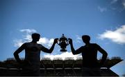 7 July 2025; Kildare captain Kevin Feely and Limerick captain Cillian Fahy hold the Tailteann Cup Final during a media event at Croke Park in Dublin, in advance of the upcoming Tailteann Cup Final between Limerick and Kildare. Photo by Ramsey Cardy/Sportsfile