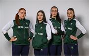 9 July 2025; Ireland basketball players, from left, Faye McDonnell, Aoibheann Donnelly, Helena Keane and Muireann Teahan during the EYOF Basketball Team Day for athletes, their families and support staff prior to travelling to EYOF Skopje 2025 at the National Basketball Arena in Tallaght, Dublin. Photo by Shauna Clinton/Sportsfile