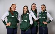 9 July 2025; Ireland basketball players, from left, Faye McDonnell, Aoibheann Donnelly, Helena Keane and Muireann Teahan during the EYOF Basketball Team Day for athletes, their families and support staff prior to travelling to EYOF Skopje 2025 at the National Basketball Arena in Tallaght, Dublin. Photo by Shauna Clinton/Sportsfile