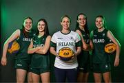9 July 2025; Ireland head coach Niamh Dwyer, centre, and Ireland basketball players, from left, Faye McDonnell, Aoibheann Donnelly. Helena Keane and Muireann Teahan, during the EYOF Basketball Team Day for athletes, their families and support staff prior to travelling to EYOF Skopje 2025 at the National Basketball Arena in Tallaght, Dublin. Photo by Sam Barnes/Sportsfile