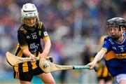 6 July 2025; Shea O'Kane, St Columba's PS, Kilrea, Derry, representing Kilkenny, is blocked by Ryan Clogher, St Coman's Wood PS, Ardnanagh, Roscommon, representing Tipperary,  during the GAA INTO Cumann na mBunscol Respect Exhibition Go Games match at the GAA Hurling All-Ireland Senior Championship semi-final match between Kilkenny and Tipperary at Croke Park in Dublin. Photo by Ray McManus/Sportsfile