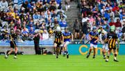 6 July 2025; Ethan Finnegan, Rathoe NS, Rathoe, Carlow, representing Kilkenny, in action against Martin O'Farrell, Primate Dixon PS, Coalisland, Tyrone, representing Tipperary, during the GAA INTO Cumann na mBunscol Respect Exhibition Go Games match at the GAA Hurling All-Ireland Senior Championship semi-final match between Kilkenny and Tipperary at Croke Park in Dublin. Photo by Ray McManus/Sportsfile
